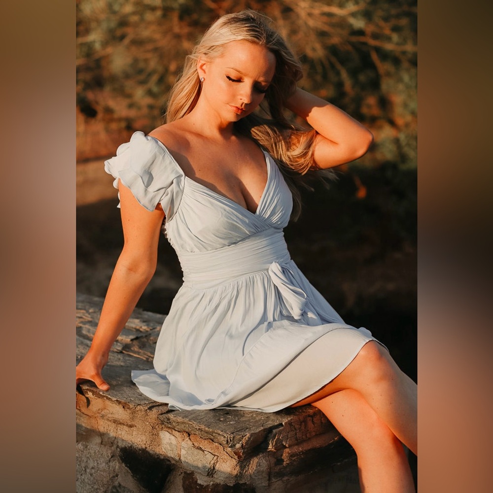 Selfie Leslie Lola Ruffle Shoulder Light Blue Mini Dress